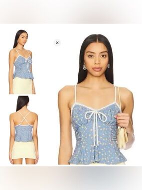 Free People Floral Cami Top Allure Blue Combo Peplum Lace Trim Size XL NWT